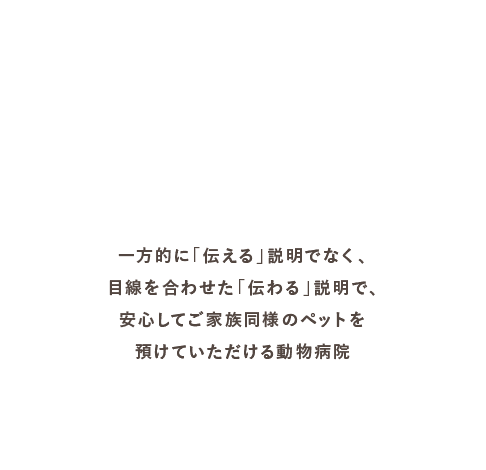 一方的に「伝える」説明でなく、目線を合わせた「伝わる」説明で、安心してご家族同様のペットを預けていただける動物病院